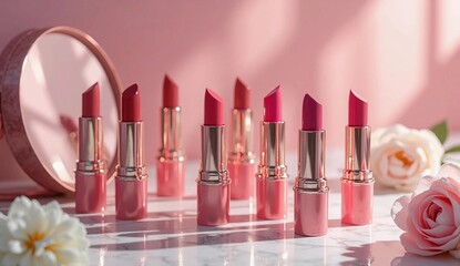 Lipsticks lined up on a white table with pink roses in the sunlight. AI generated