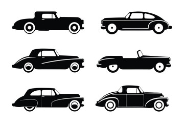 Vintage Silhouette Cars: A collection of classic automobiles, rendered in sleek black silhouettes with pristine white tires, each a testament to timeless design and automotive history. 