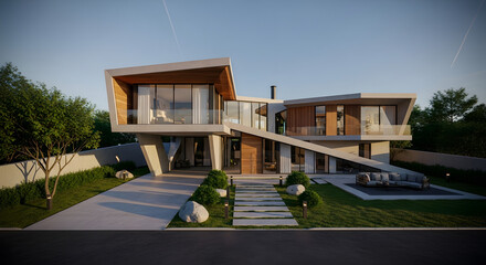 Elegant modern luxury house featuring striking geometric architecture, large windows, and a beautiful landscaped yard, ideal for real estate or design projects.