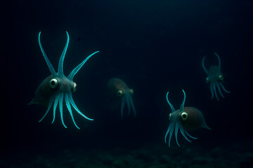 Group of Deep Sea Squid Swimming in the Dark Ocean