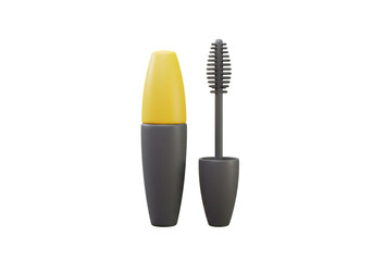 Black Mascara Tube with Yellow Cap and Wand on Transparent Background