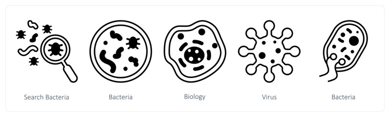 A set of 5 mix icons as search bacteria, bacteria, biology