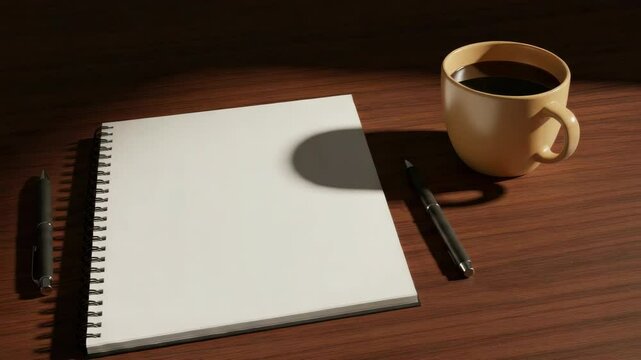 Blank notebook coffee cup pen on wooden table