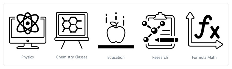 A set of 5 mix icons as physics, chemistry classes, education