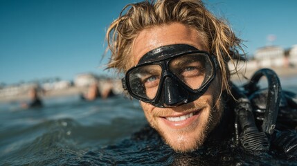Fototapeta premium 25 year old blond foreign male wearing black diving goggles playing in clear blue ocean water smiling at camera with blurred beach background in a long shot, summer vacation concept