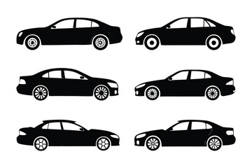 Elegant Silhouettes: Six sleek sedans in monochrome display their distinct profiles, showcasing various designs, a study in modern automotive aesthetics.
