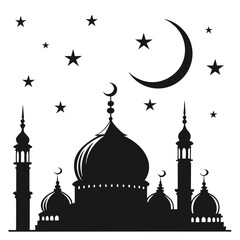 Islamic mosque silhouette with crescent moon and stars