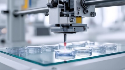 Fototapeta premium High-tech robotic arm performing precise liquid sampling in sterile lab environment with glass petri dishes perfect for biotechnology, laboratory research and futuristic healthcare visuals
