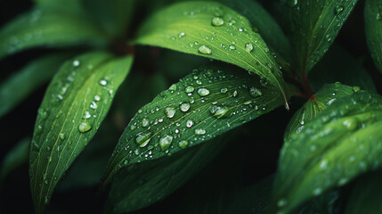 Macro Botanical Green Leaves with Water Droplets