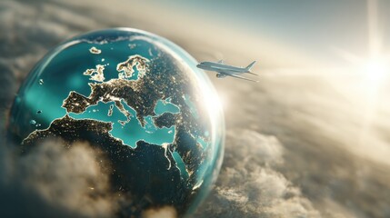 Fototapeta premium Digital concept art of Earth floating in space surrounded by clouds with airplane flying above Europe illuminated by sunlight perfect for global travel ads, futuristic visuals and environmental themes