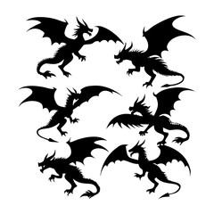 Majestic dragons in flight silhouette flying mythical creature