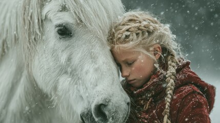 Emotional winter portrait of girl hugging white horse under falling snow perfect for storytelling, animal companionship themes and cinematic promotional materials
