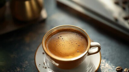 Fresh espresso coffee cup with crema and coffee beans on table - Powered by Adobe