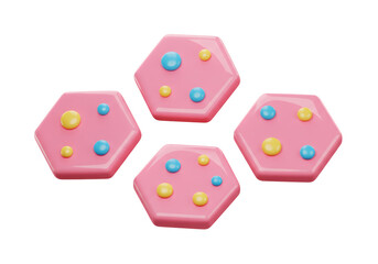 Pink Hexagon Candies Decorated with Blue and Yellow Dots on a Black Background
