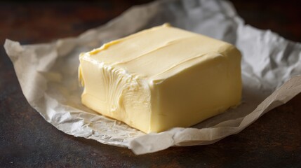 Close-up of a fresh block of creamy butter on parchment paper with natural light and rustic backdrop ideal for food blogs, recipe illustrations and culinary packaging