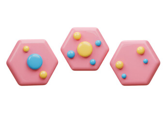 Minimalist Pink Hexagons with Blue and Yellow Spheres in a Clean Digital Rendering