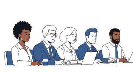 Diverse Business Team at Meeting: A simple, hand-drawn style illustration of a diverse team of business professionals sitting at a table, working and discussing during a meeting.