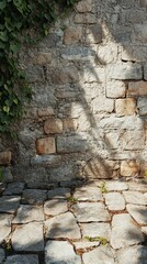 Stone Wall with Leafy Vines and Cobblestone Pavement in Sunlight