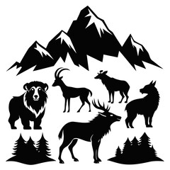 Mountain animals and evergreen trees silhouettes bear