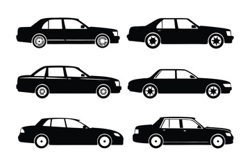 Six Car Silhouettes: Collection of six classic car silhouettes, showcasing different car body styles in a simple and elegant black and white design. Perfect for automotive design projects.