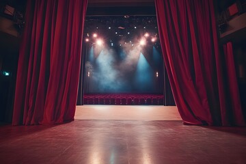 Dramatic Theater Stage with Red Curtains and Spotlights in a Dimly Lit Hall