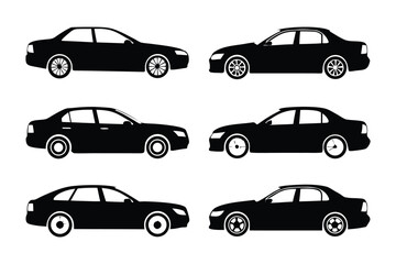 Silhouettes of Sleek Cars: A set of six stylish car silhouettes, ideal for transport, design, and automotive themes. Featuring clean lines and a modern aesthetic, perfect for design use.