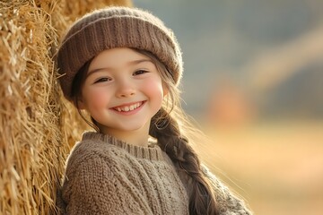 Joyful Child Smiling Near Hay Bales in a Warm Outdoor Setting with Soft Light