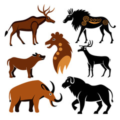 Prehistoric animal illustrations brown black cave painting