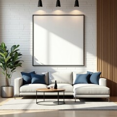 Modern white sectional sofa with blue pillows and round coffee table living room interior design
