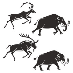 Prehistoric animals running black silhouette cave painting