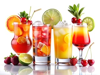 Assorted colorful cocktails with fruit isolated on white background