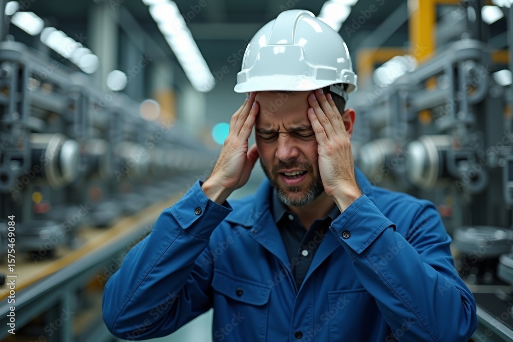Poster engineer in hard hat stressed while monitoring semiconductor assembly line