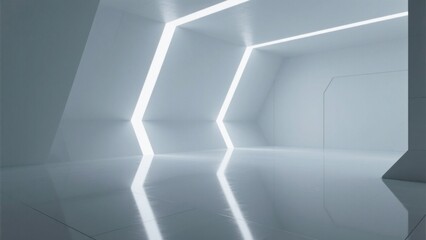 A minimalist white geometric space, with linear light strips outlining the contours, and the reflective ground creating a sense of extension, presenting a futuristic technology and art atmosphere.