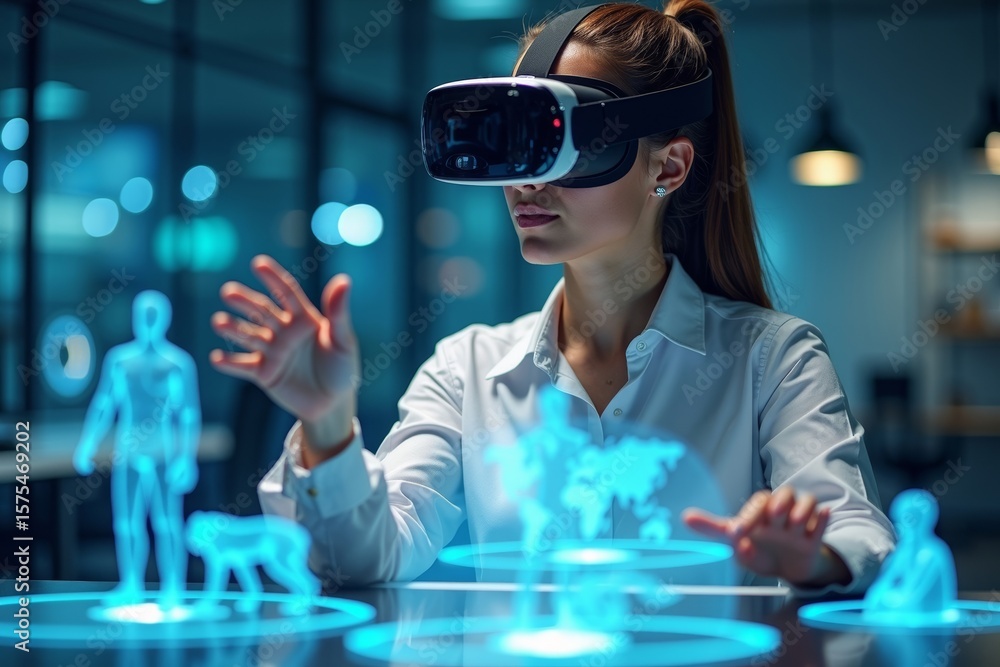 Poster an engineer in virtual reality, manipulating 3d holographic models in a futuristic digital environme