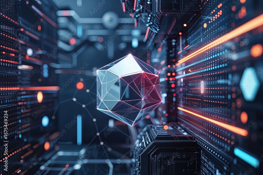 Poster cutting edge technology visuals showcasing polygonal matrices cubes networks and data analytics