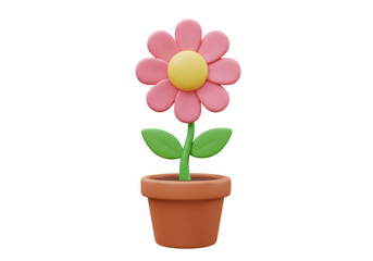 Pink Flower with Yellow Center in Brown Pot on Transparent Background 3D Render