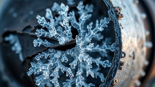 Intricate Ice Crystal Formation - Stunning Microscopic Winter Details for Science, Backgrounds, and Seasonal Imagery, showcasing the beauty of natural crystallization process.