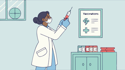 Vaccination clinic doctor preparing vaccine injection for disease prevention and healthcare immunization drive