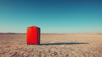 International Travel insurance claims accident, benefits and coverage, red suitcase in vast desert landscape under clear blue sky