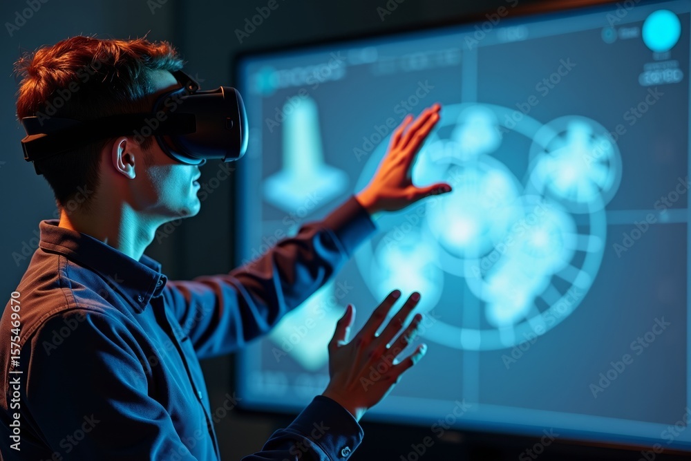 Poster engineer manipulating 3d cad model with virtual reality goggles and hand gestures