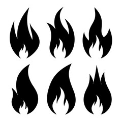 Six black flame icons fire symbol