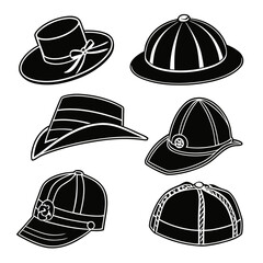 Six black hat silhouettes on white background headwear