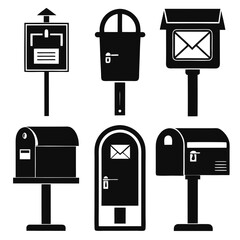 Six black mailbox and letterbox silhouettes post delivery