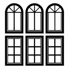 Six black window frames with different shapes silhouette