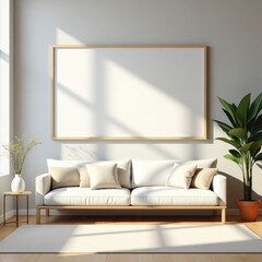 Modern living room decor with white sofa, blank canvas, and plant, minimalist style, interior design