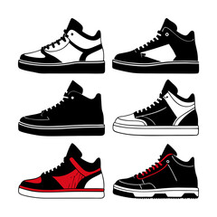 Six sneaker side views black white red sneakers shoes
