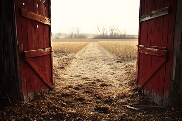 Open Red Barn Doors Leading to Scenic Fields Under Soft Morning Light