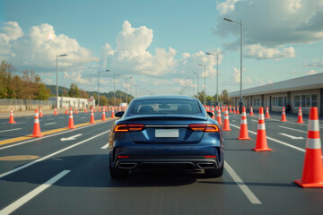 Car on driving course. A blue sedan seen from the rear on a driving school track with orange safety cones under a partly cloudy sky.