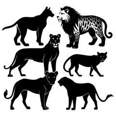 Six wild cat silhouettes on white background wild cats