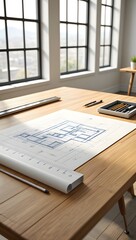 Architectural blueprint drafting on wooden desk with pencils and ruler architecture planning